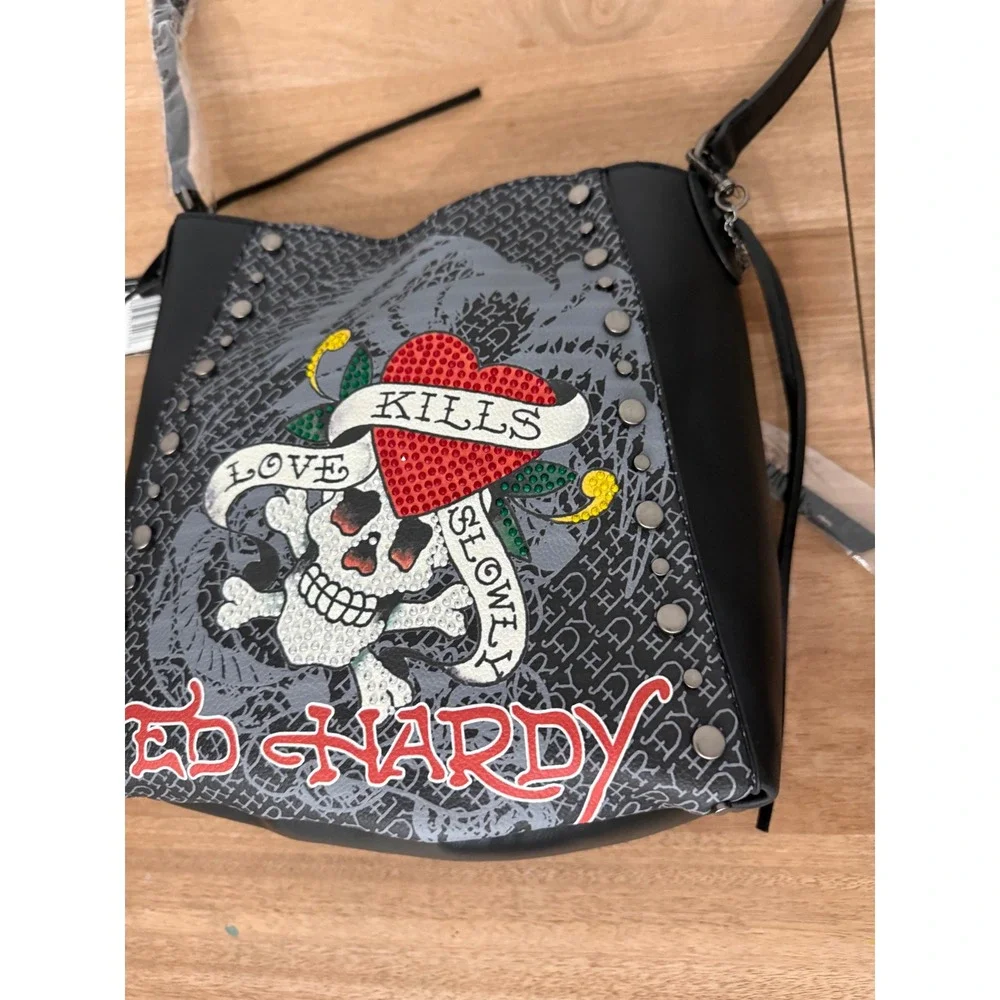 Ed Hardy Love Kills Slowly Crossbody Bag Black Grey Rhinestone Studded NWT